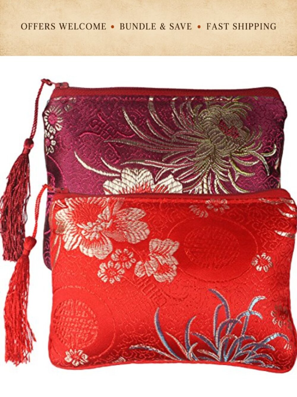 Silk Brocade Padded Tassel Zipper Jewelry Bag Gift Pouch Set of 2